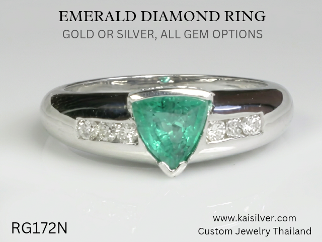 emerald ring custom made with diamonds in gold or silver