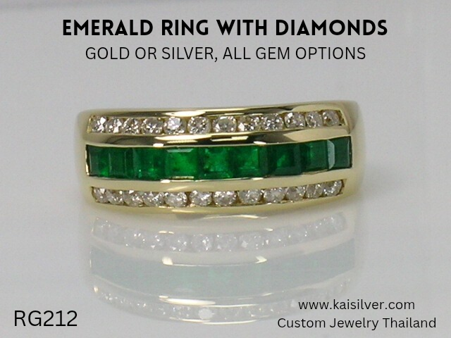 made to order band ring with diamonds and emerald